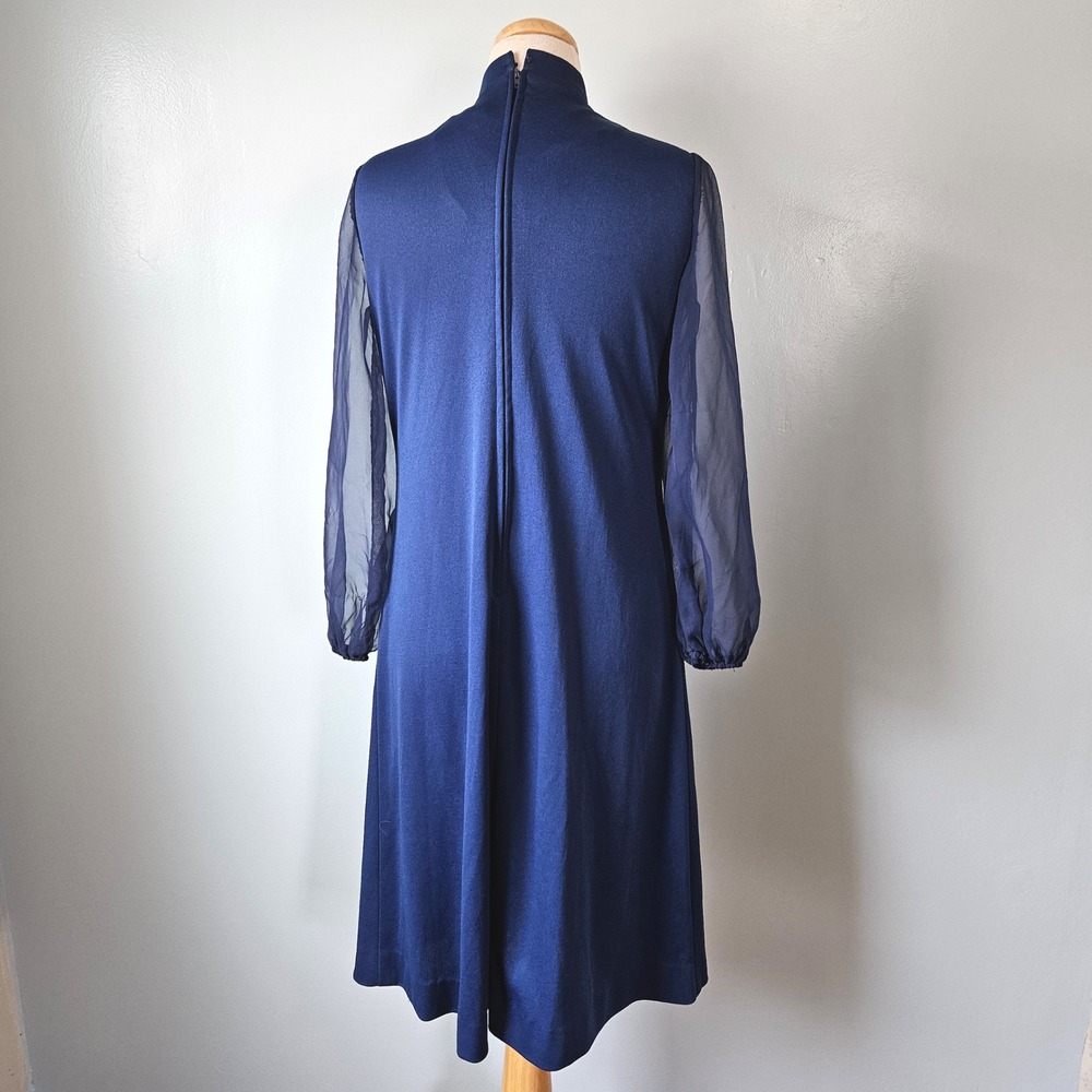 Vtg 1970s Femme of Dallas Royal Blue Shift Column Dress Sheer Chiffon Sleeve M - Picture 5 of 9